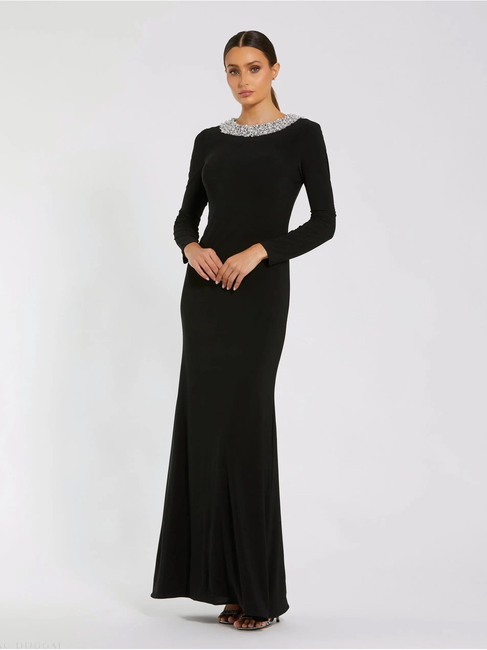 Ieena for Mac Duggal Black Long Sleeve Evening Gown w/ Embellished Jewel Collar